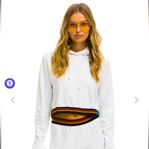 Aviator nation Logo stripe crop pullover hoodie - white